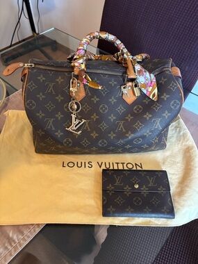 Louis Vuitton Brown Monogram Speedy 35 with Colorful Scarf-Wrapped Handles